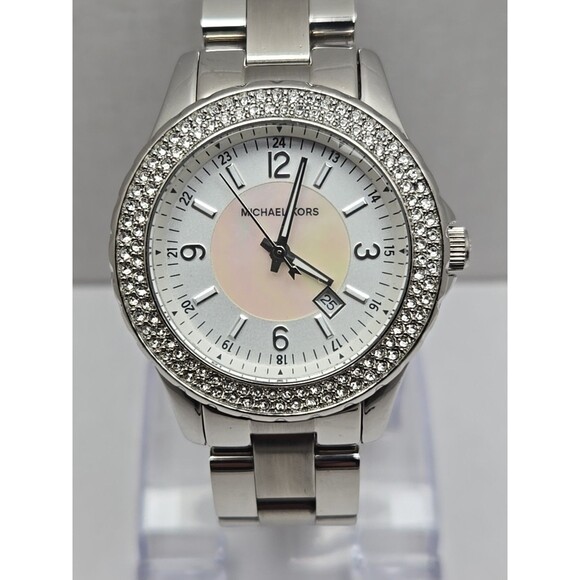 Michael Kors MK54C1 Silver Crystal Bezel White Dial Date Quartz New Battery - Picture 4 of 12